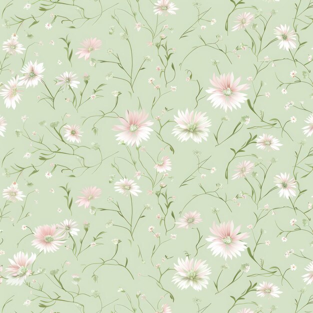 Photo seamless floral pattern with pastel pink flowers and green foliage on a light green background