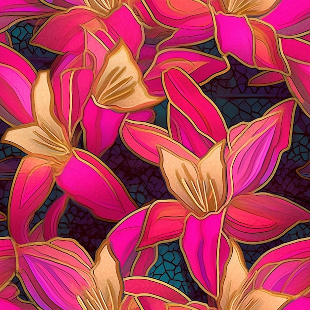 Seamless floral pattern with pink and gold flowers on a blue background generative ai