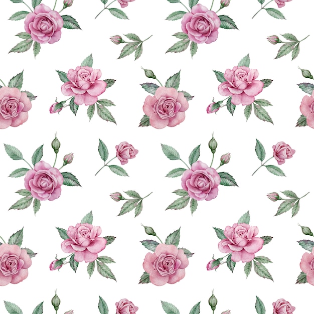 Seamless floral pattern with pink roses and green leaves. Watercolor illustration.