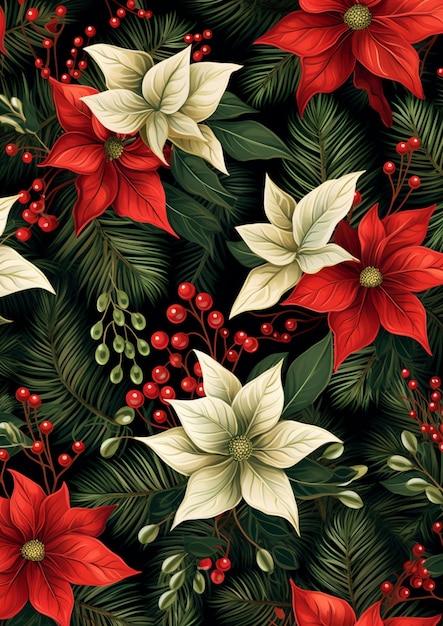 seamless floral pattern with poinsettis and berries generative ai