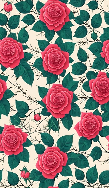 A seamless floral pattern with red roses and green leaves.