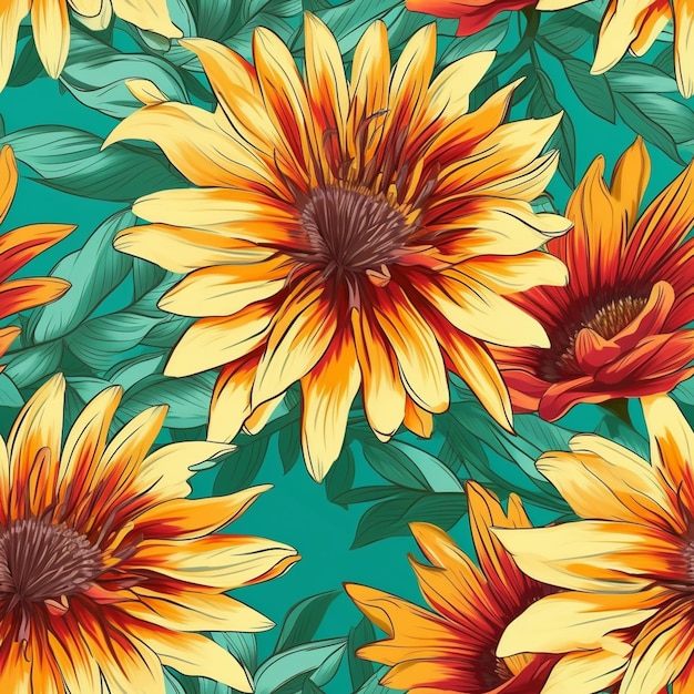 Seamless floral pattern with sunflowers on a green background generative ai