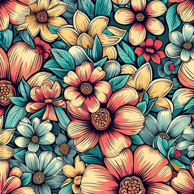 a seamless floral pattern with various types of flowers leaves and stems are yellow pink blue