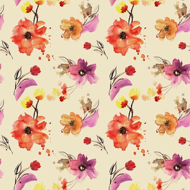 Seamless floral pattern with watercolor hand painted flowers