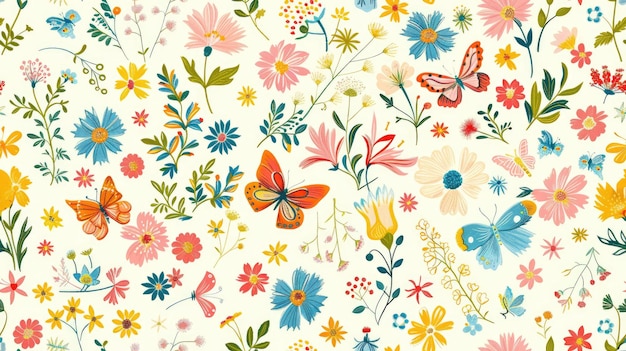 Seamless floral pattern with whimsical flowers and butterflies perfect for children39s designs