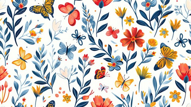 Seamless floral pattern with whimsical flowers and butterflies perfect for children39s designs