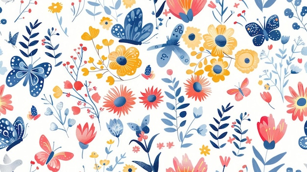 Seamless floral pattern with whimsical flowers and butterflies perfect for children39s designs