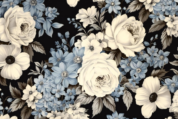 Seamless floral pattern with white and blue flowers on black background