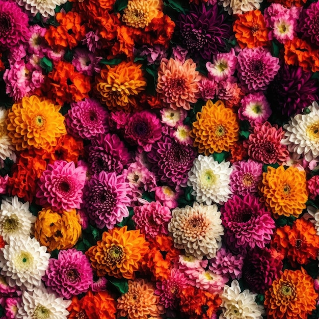 Seamless Floral Wall with Pink Orange White and Yellow Chrysanthemum Flowers