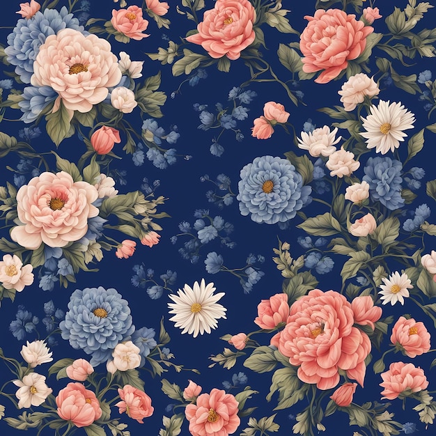 seamless flowers pattern with royal blue and peach color shade background illustration