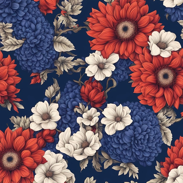 seamless flowers pattern with royal blue and peach color shade background illustration