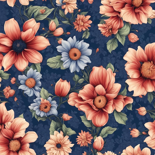 seamless flowers pattern with royal blue and peach color shade background illustration