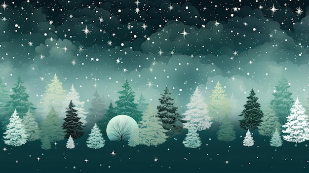 Seamless green winter vector trees or forest with snow flakes Christmas background