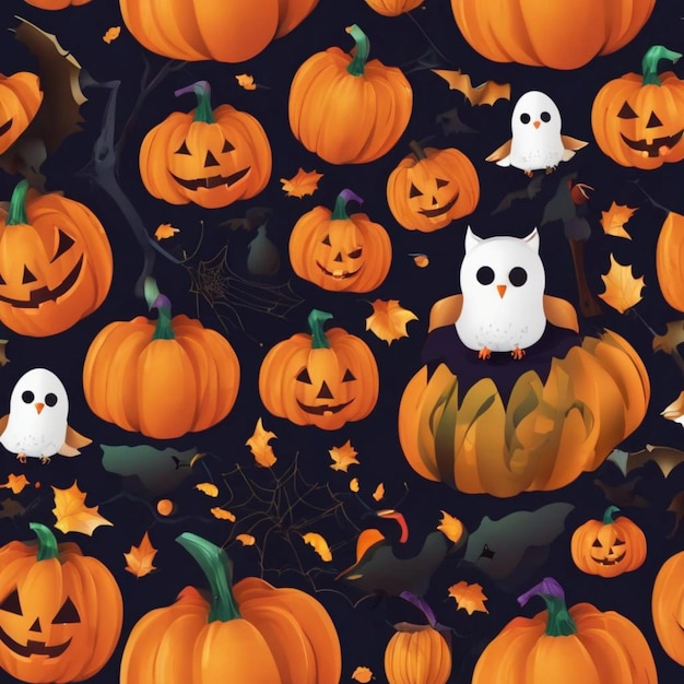 Seamless Halloween pattern featuring cute pumpkins and owls