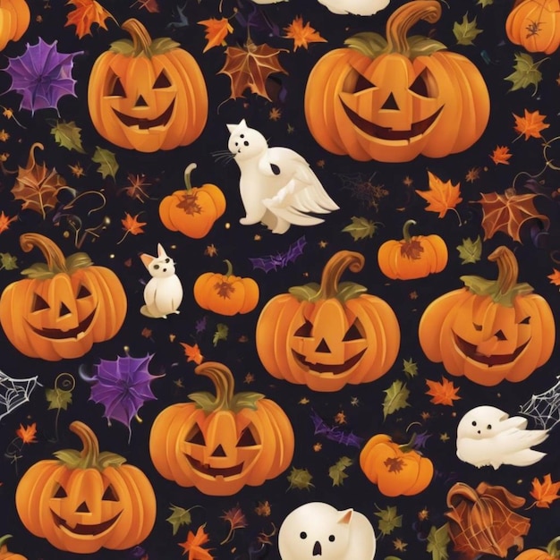 Seamless Halloween pattern featuring pumpkins ghosts and cats