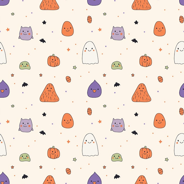 Seamless Halloween pattern with cute ghosts pumpkins bats and stars on light background