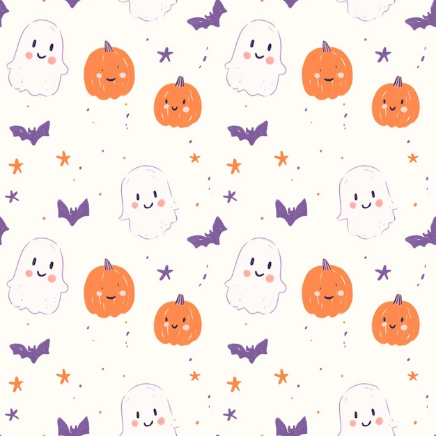 Seamless Halloween Pattern with Cute Ghosts Pumpkins and Bats on White Background