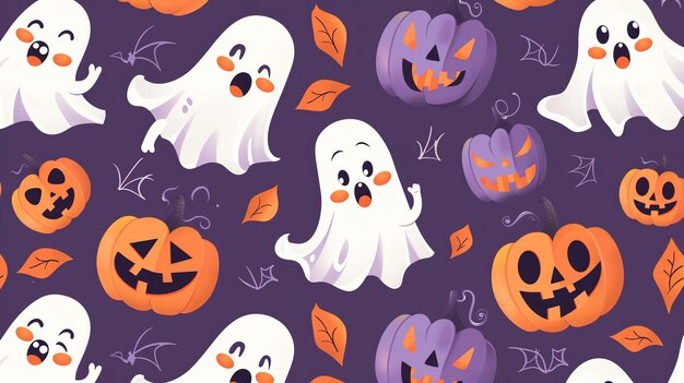 Seamless Halloween pattern with orange and purple pumpkins and friendly ghosts