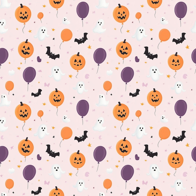 Seamless Halloween pattern with pumpkins ghosts bats and balloons on a pastel pink background