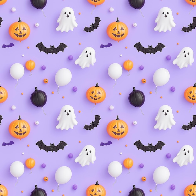 Seamless Halloween pattern with pumpkins ghosts bats and balloons on a purple background