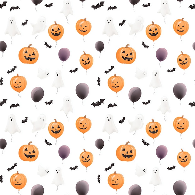 Seamless Halloween pattern with pumpkins ghosts bats and balloons on a white background