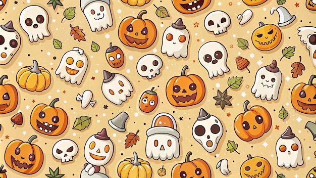 Photo seamless halloween pattern with pumpkins ghosts and skulls