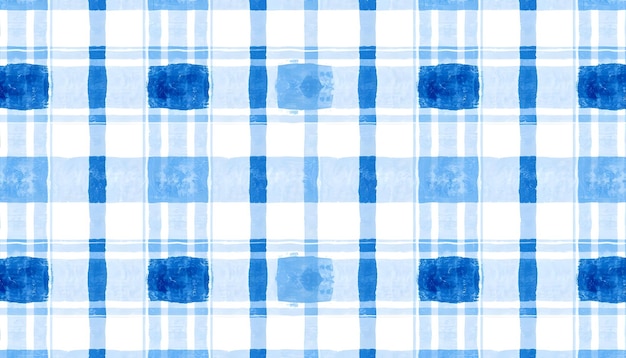 Seamless Hand Drawn Watercolor Gingham Window pane grid plaid Stripes pattern in indigo blue and