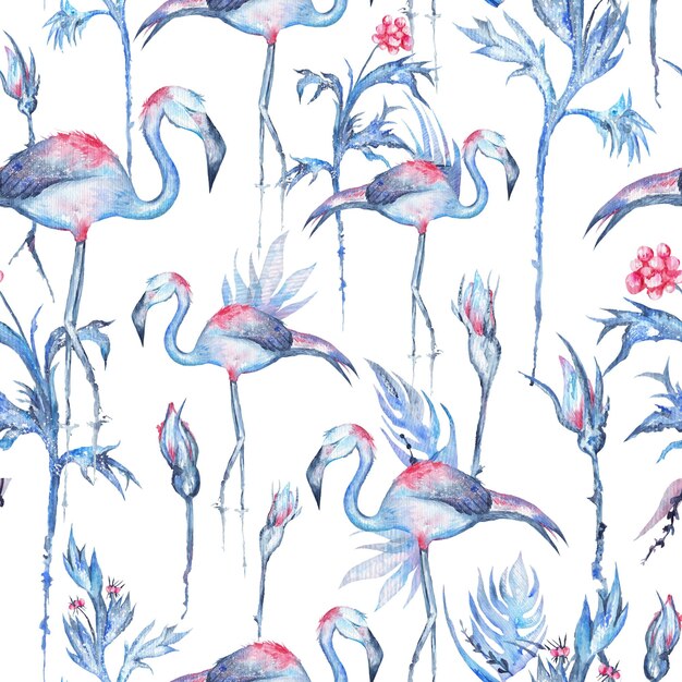 Seamless hand painted texture with exotic plants rose flowers and flamingo birds for textile and wallpaper design