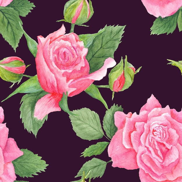 Seamless handpainted romantic floral illustration with pink roses and buds on black background