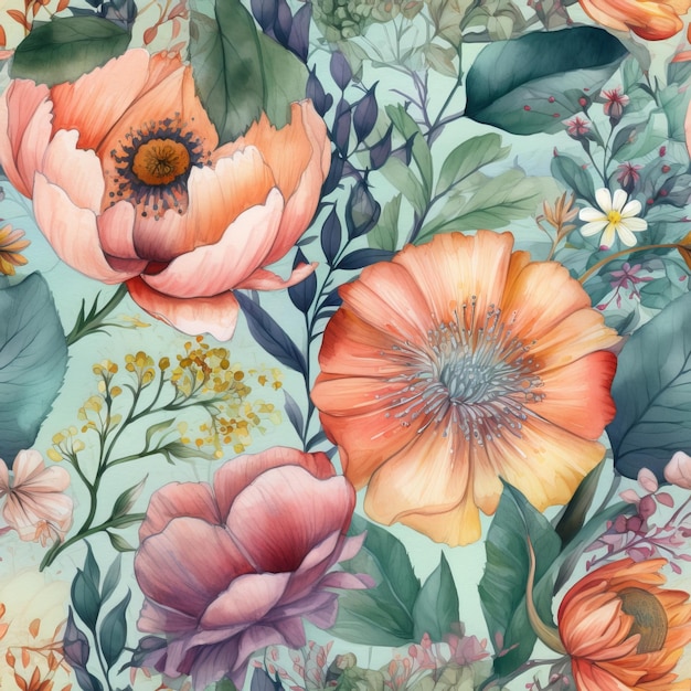 Seamless HandPainted Watercolor Flowers Texture