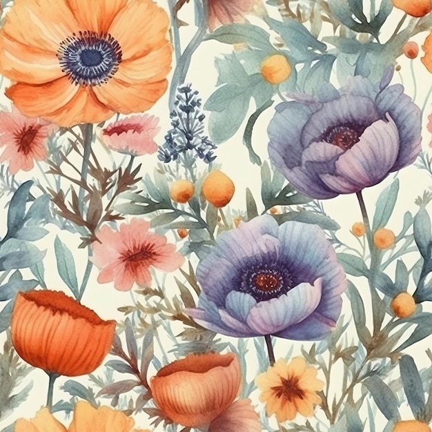 Seamless HandPainted Watercolor Flowers Texture