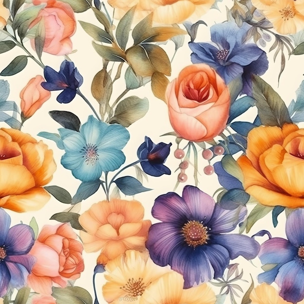 Seamless HandPainted Watercolor Flowers Texture