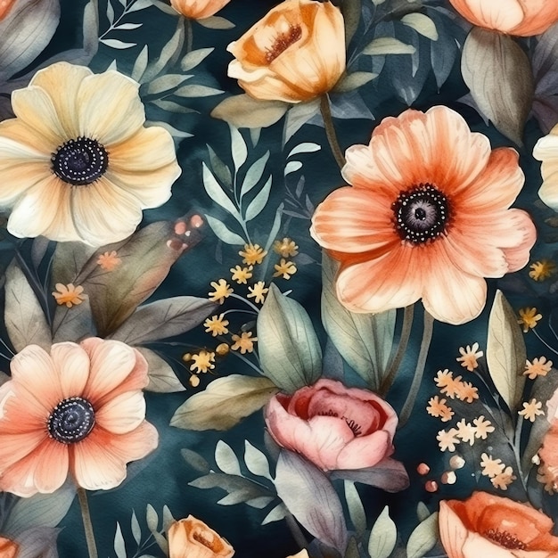 Seamless HandPainted Watercolor Flowers Texture