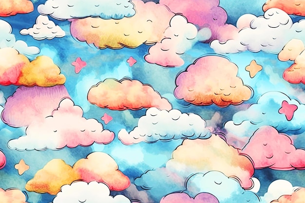 Seamless illustration of a pattern of cute clouds of pastel shades Generative AI