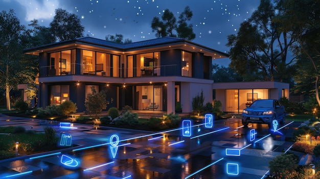 Seamless Integration of Modern Technology Smart Home Exterior Night Scene