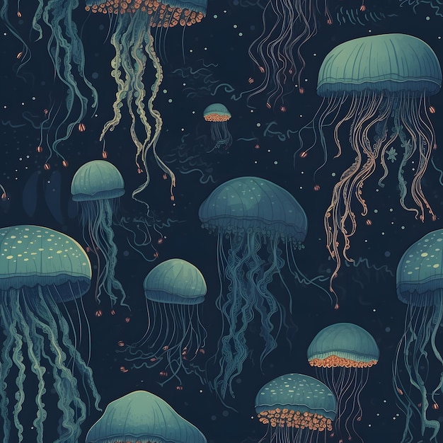 Seamless Jellyfish in the deep ocean texture pattern Generative AI