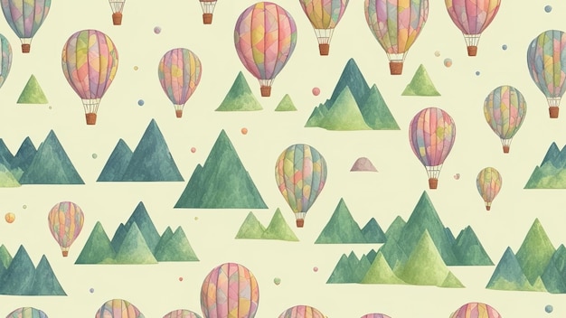 Seamless landscape pattern for kids designed with mountains and balloons