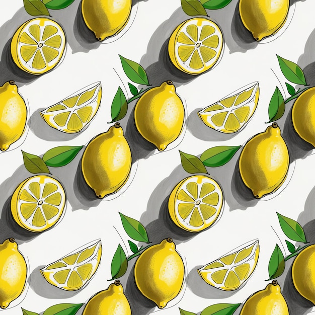 Seamless Lemon Pattern Tropical Citrus Background with Fresh Leaves for Textile and Wallpaper