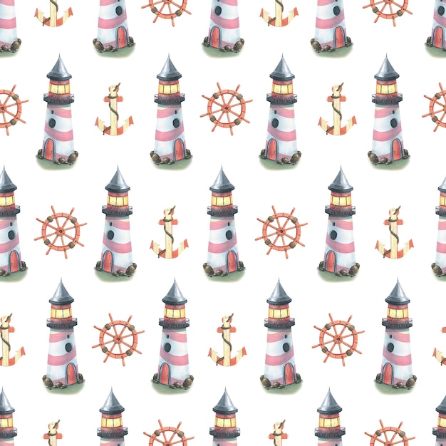 Seamless marine pattern on a white background with lighthouses steering wheels and anchors Watercolor illustration For fabric textiles wallpaper paper packaging children's products