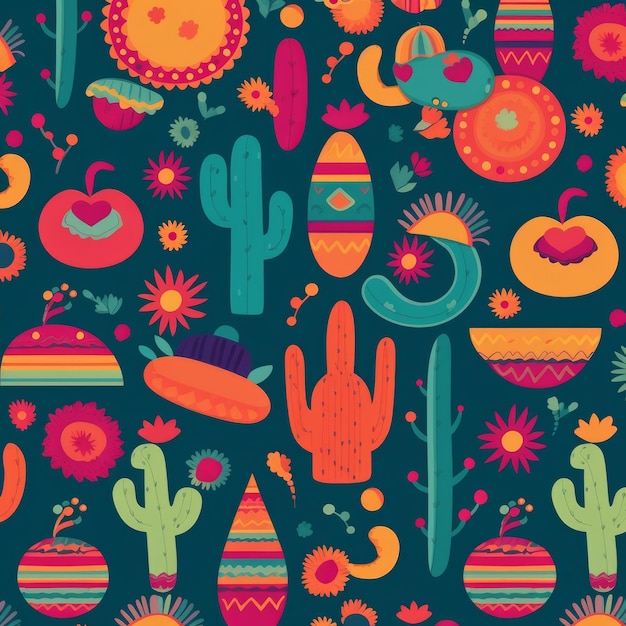 Seamless MexicanThemed Culture Pattern with Cacti and Vases