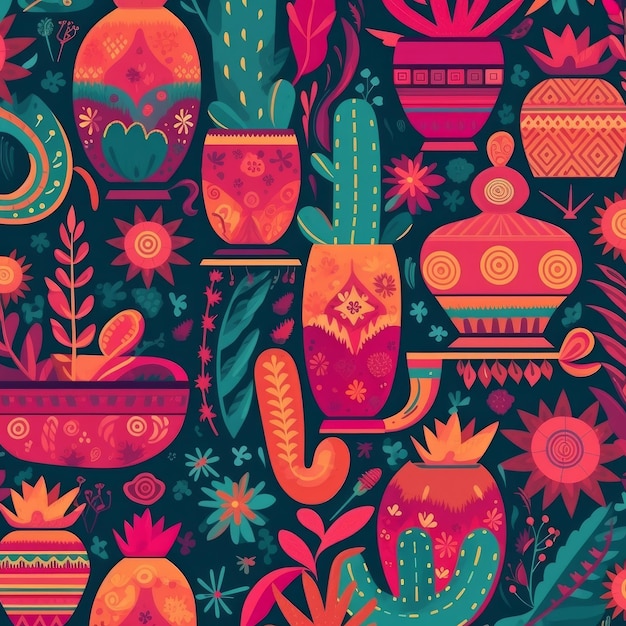 Seamless MexicanThemed Culture Pattern with Cacti and Vases