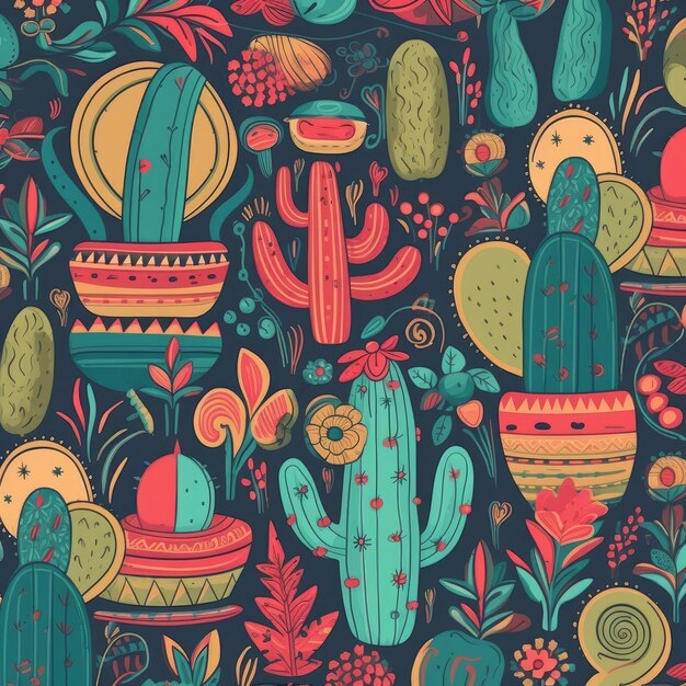 Seamless MexicanThemed Culture Pattern with Cacti and Vases