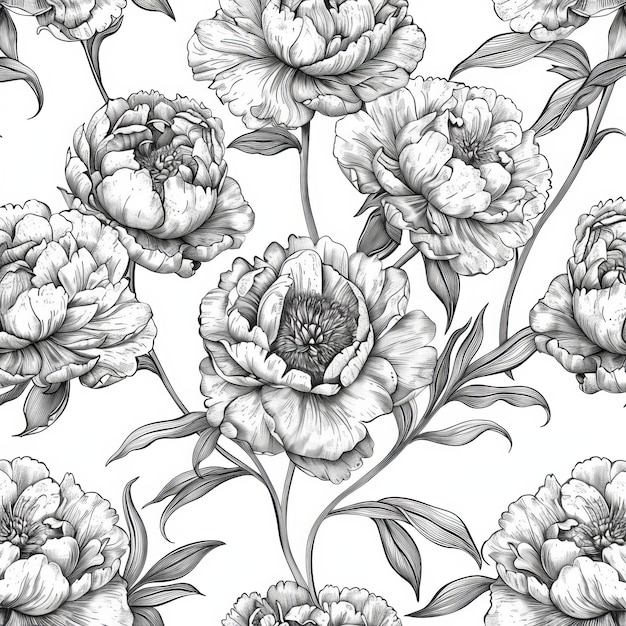 Photo seamless monochrome pattern outline of flowers peony can be used for textiles fabrics packaging wallpapers home decor