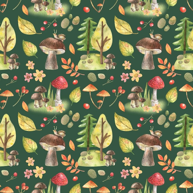 Seamless natural pattern in forest style with autumn leaves, mushrooms, mosquitoes, trees.