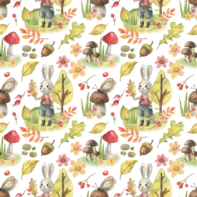 Seamless nature pattern in forest style with cute rabbit and moth, mushrooms, toadstools, leaves.