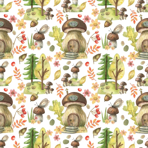 Seamless nature pattern in forest style with mushroom house, toadstools, rye trees firs.