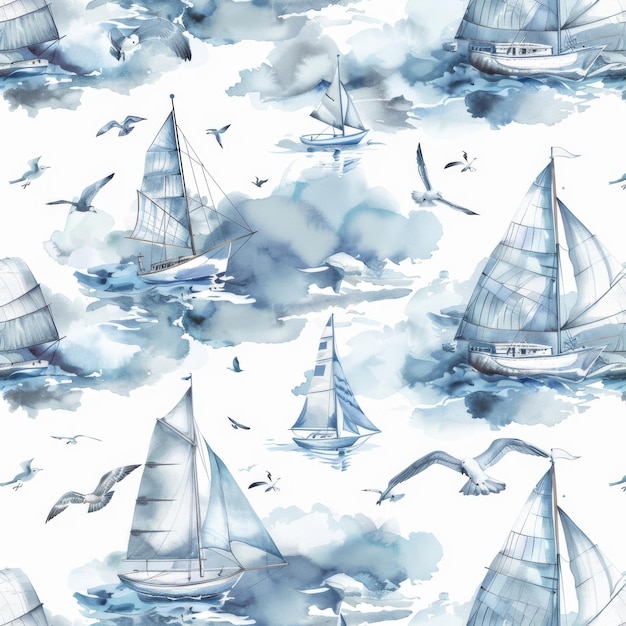 Photo a seamless nautical watercolor pattern with yachts sailboats seagulls clouds and seagulls