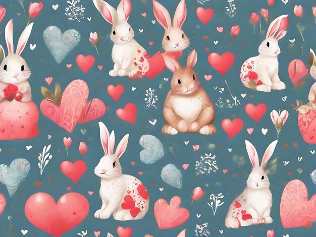 Seamless pattarn bunnies and hearts Cute childish print Ai Generated