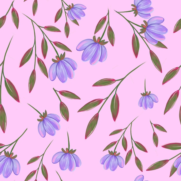 Seamless patter of a violet hand drawn flowers on a pink background