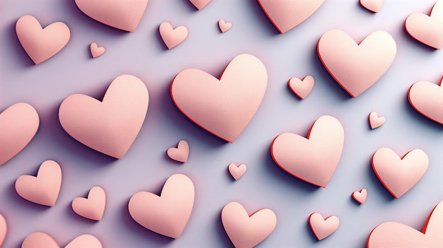 Seamless pattern of 3D paper cut style hearts in various sizes on a soft pink background